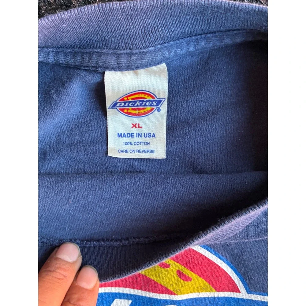 Vintage Dickies Graphic T-Shirt Mens XL Blue Made in USA Horseshoe Logo Tee